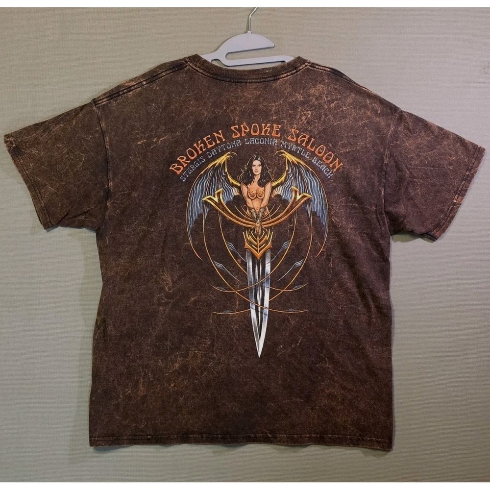 Vintage 90s Mens Broken Spoke Saloon Angel Biker Shirt XL Brown Acid Wash Grunge